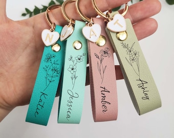 Personalized name Birth Flower Keychain,Engraved Name Key Chain,Birthday Gift,Birthflower name Keychain Gift for Her