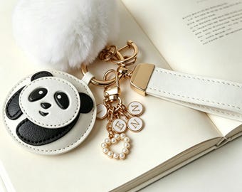Custom Leather Panda Keychain with Fluffy Pom Pom,Luxury Keychain,Monogrammed Strap Keychain,Cute Wristlet Keyring for Mom,Mom Birthday Gift