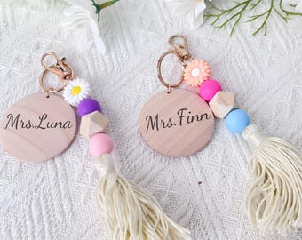 Personalized Teacher Keychain: Engraved Faux Leather Strap with Flower Charm