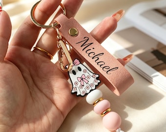 Personalized Ghost Keychain,Custom Name Leather Key Strap,Cute Ghost Beaded Keyring,Custom Name Gift,Spooky Bag Charm,Halloween Gift For Her