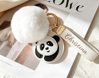 Personalized Panda Leather Keychain with Custom Script Name Wrist Strap,White Fluffy Pom Pom Bag Charm,Car Key Accessory Gift for Her