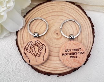 Our first Mother's Day carved wooden keychain,Mother's Day gift,a gift for newborns,Baby Announcement Gift,Customized newborn name keychain.