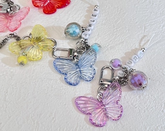 Handmade Colorful Butterfly Keychains,Transparent Butterfly Keyring,Customizable Name Beads & Colorful Accents,Gift for her.