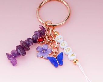 Personalized Crystal Birthstone Keychain: Gold Letter Beads & Butterfly Charm
