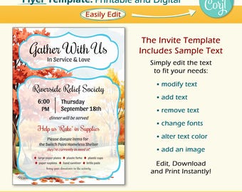 Editable Fall Relief Society Invitation Template | Dinner & Service Project Printable Flyer | RS Activity Save the Date Handout | Download