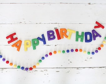 Happy Birthday Banner, Felt Birthday Banner, Reusable Birthday Banner, Birthday Garland, Rainbow Letters, Rainbow Banner, Felt Balls