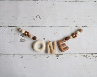 Neutral First Birthday Banner, Felt One Garland, Boho Woodland Party Decor, Cake Smash Keepsake