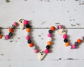 Halloween Ghost Garland, Felt Halloween Garland, Ghost Party Decor, Spooky Garland, Halloween Party Decorations, Pink Orange Black