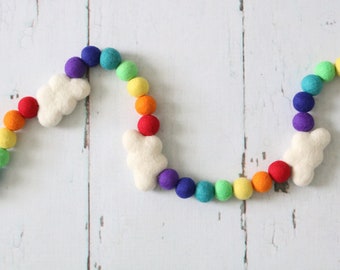 Rainbow and Clouds Felt Garland, Puffy Clouds Garland, Rainbow Garland, Rainbow Banner, Playroom Decor Rainbow, Nursery Decor Rainbow
