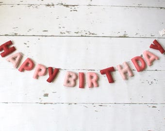 Happy Birthday Banner, Felt Birthday Banner, Reusable Birthday Banner, Birthday Garland, Pink Party Decor, Bday Girl Banner, Pink Garland