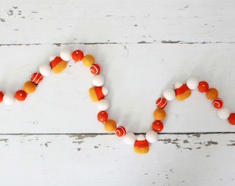 Halloween Garland, Halloween Banner, Candy Corn Banner, Candy Corn Garland, Felt Candy Corn, Orange and White Felt Balls, Halloween Decor