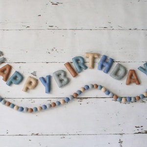 Happy Birthday Banner, Felt Birthday Banner, Reusable Birthday Banner, Birthday Garland, Blue Neutral Birthday, Neutral Birthday Garland