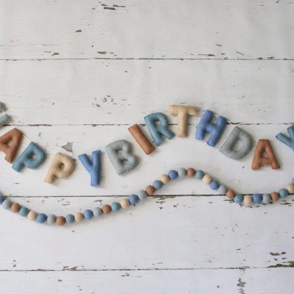 Happy Birthday Banner, Felt Birthday Banner, Reusable Birthday Banner, Birthday Garland, Blue Neutral Birthday, Neutral Birthday Garland