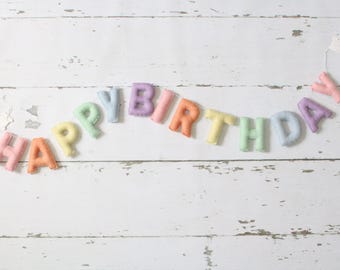 Happy Birthday Banner, Felt Birthday Banner, Reusable Birthday Banner, Birthday Garland, Pastel Party Decor, Pastel Rainbow Decor