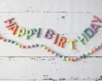 Happy Birthday Banner, Felt Birthday Banner, Reusable Birthday Banner, Pastel Birthday Garland, Pastel Letters, Felt Ball Banner, Felt Balls