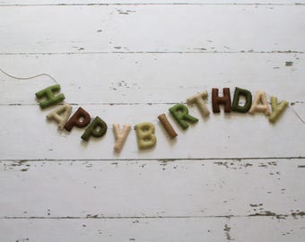 Happy Birthday Banner, Felt Birthday Banner, Reusable Birthday Banner, Birthday Garland, Earthy Banner, Greens and Brown Banner, Camo Banner