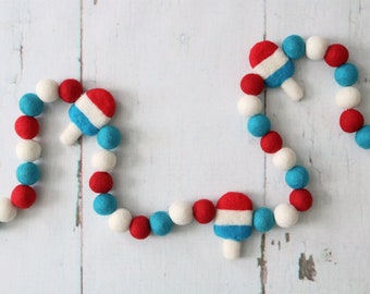 Popsicle Felt Ball Garland, Red White and Blue Banner, Ice Pop Garland, Popsicle banner, Felt Popsicle, Summer Banner, Treat Garland