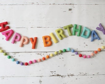 Happy Birthday Banner, Felt Birthday Banner, Reusable Birthday Banner, Birthday Garland, Rainbow Letters, Rainbow Banner, Felt Balls