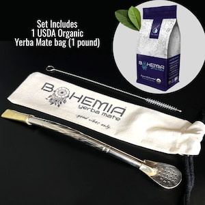 Set Premium Line Mate Straw (Bombillon) Handcrafted in German Silver (Alpaca) + USDA Organic YERBA MATE bag included
