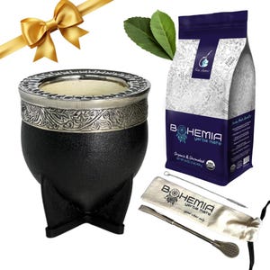 Full SET Yerba Mate Imperial Gourd - Leather Wrapped + Alpaca Straw + Straw brush + 1lb USDA Organic Yerba Mate Loose Leaf