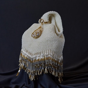 Pearl and Gold Designer beaded bridal handbag in Victorian and Art Deco style, beaded clutch pusre,  Crochet bucket bag for wedding or party