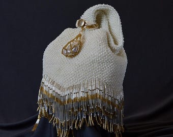 Handmade Pearl Beaded Crochet Bridal Bag, Art Deco Wedding Clutch