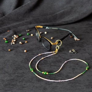 Cadena de cuentas de gafas, cordones verdes y lilas para gafas, cadena de gafas de sol, collar de gafas con lazo, collar de gafas