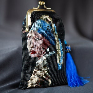 Petite trousse de maquillage en perles avec portrait de visage de femme de la Renaissance, jolie pochette, sac à dés, porte-monnaie en perles, pochette au crochet, sac à pilules pour médicaments