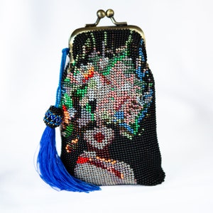 Mini billetera tejida a crochet con cuentas y retratos de rostros de mujeres, monedero con cierre, neceser pequeño para maquillaje, bolsa tejida a crochet con retratos renacentistas