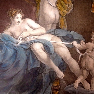 Incisione su lastra di rame antica francese di Benoit e Chaponnier les amours enchaines par les graces amori incatenati da grazie cornice in legno regalo