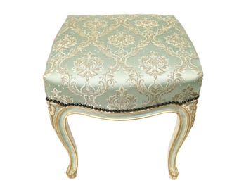 Antique French Footstool: Louis XV Style, Pistachio Satin Ottoman Beauty Luxury Home Gift