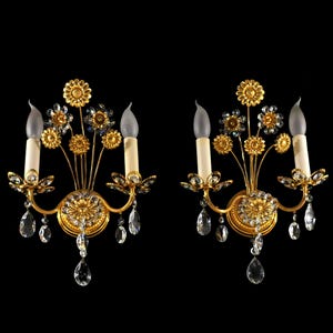 Pair Sconces Brass & Cut Crystal Glass Modern Light Style Hollywood Regency by Palwa / Vintage Wall Lamps Maria Theresa Lighting Mid Century