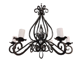 Gothic Wrought Iron Chandelier - 6-Light Medieval Castle Fixture - Hand Forged Black Metal Lamp