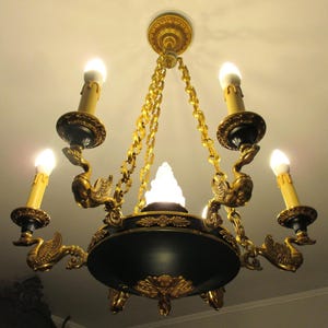 French Brass Chandelier with Swans: Antique Empire Style, Glass Lampshade , Green , Napoleon , 6+1Light