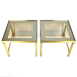 French Antique Brass Pair Square Side Tables with Smoked Glass: Hollywood Regency Mid-Century