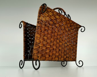 French Vintage Magazine Rack / Mid Century Journal Basket / Hollywood Regency / Art Deco Newspaper Holder Iron Wicker Stand