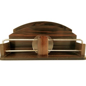 Organizador de escritorio de palisandro con estante para cartas antiguo estilo art déco francés, soporte para cartas, accesorio de almacenamiento de madera, soporte para papel, regalo de la época de Hollywood.