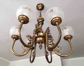 French Chandelier 6 Light Brass & Glass Lampshades 20th Ceiling Pendant Putto Light Antique Lamp Style Empire Hollywood Regency Cherubs