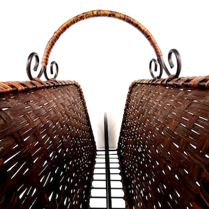 Old French Vintage Rattan Magazine Rack Mid Century Journal Basket Hollywood Regency Paris Art Deco Newspaper Holder Iron Wicker Stand Boho