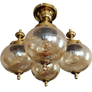 Old Vintage Brass chandelier smoked bubble glass shades lights Modern Lighting Mid-century Hollywood Regency Space Age Art Deco