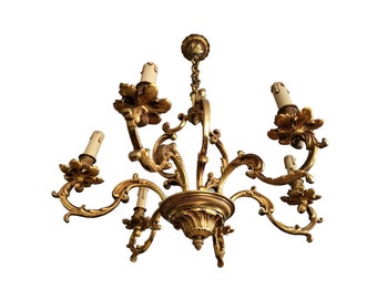 French Chandelier 6 Light Bronze 20th Ceiling Pendant Light  Antique Lamp Style Louis XV Hollywood Regency Mid Century 6 Arms