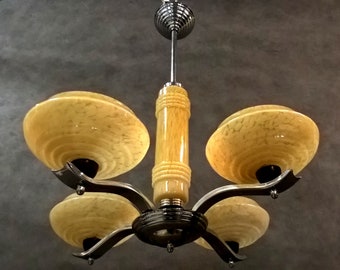 Antique French Chandelier Light Lamp Art Deco Design Vintage Glass Gold Color Chrome Modern Mid Century Lighting Nickel Hollywood Regency