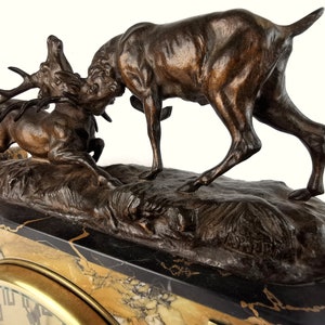 Signed T. Cartier French Art Deco Mantel Clock Garnitures Marble 1930 Hunting Room Figural Fighting Stags Deer Carved Black Forest Sculpture