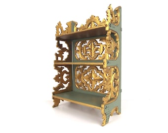 French Carved Wood Shelf: Antique Green & Gold Etagere