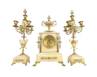 French Antique Mantel Clock & Garnitures Onyx with Brass Vintage