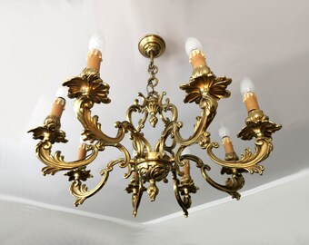 French Chandelier 8 Light Bronze 20th Ceiling Pendant Light Antique Lamp Style Louis XV Hollywood Regency Mid Century 8 Arms