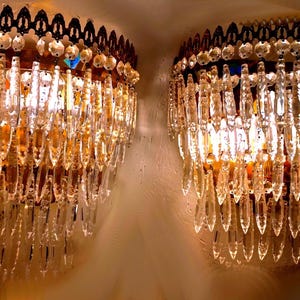 Italian Pair of Crystal Glass and Brass Sconces or Wall Lights 1950 Vintage Lamps Hollywood Regency Art Deco Modern Lighting Mid century