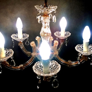 French Antique Chandelier Crystal Glass Style Maria Theresa 5 Light Vintage Ceiling Pendant Light Hollywood Regency Mid Century Castle Paris