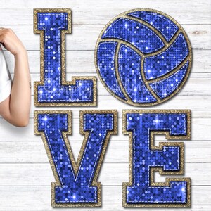 May include: A sublimation design featuring the word "LOVE" in blue and gold glitter letters with a blue and gold glitter volleyball in the centre. The design is perfect for creating custom apparel, home decor, and more.