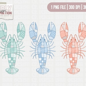 May include: Three colorful lobster designs in shades of teal, blue, and coral. Each lobster is intricately patterned with patchwork-style details. The image includes text indicating it is a digital download.
